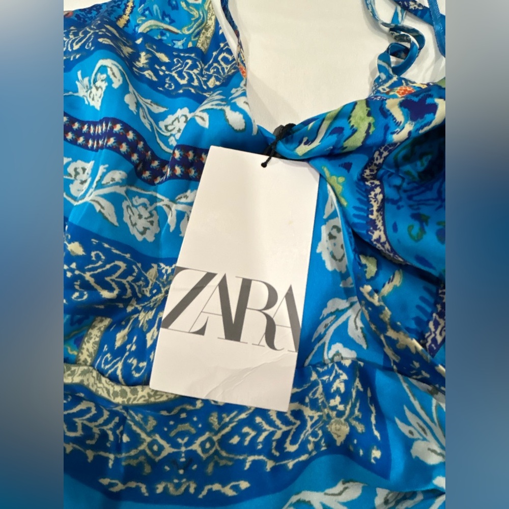 Zara NWT Blue Boho Paisley Wrap Mini Dress Size S Tie Back Summer Resort